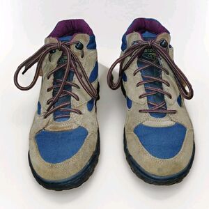 Vintage Women Size 6.5 Rugged Outback Hiking Boots Suede/Canvas Tan/Blue/Purple
